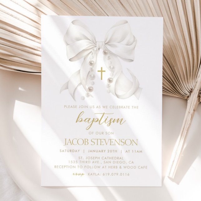 Boy Baptism Invitation, White Bow First Communion Invitation (Creator Uploaded)
