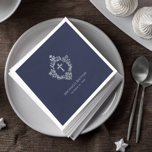 Boy Baptism Navy Blue Cross Crest Vintage Elegant Napkins