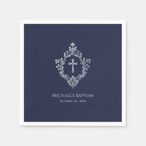 Boy Baptism Navy Blue Cross Crest Vintage Elegant  Napkins