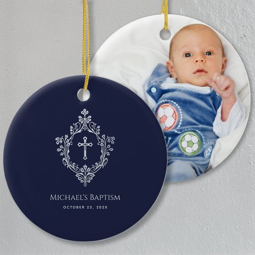 Boy Baptism Navy Blue Cross in Crest Faux Silver Ceramic Ornament