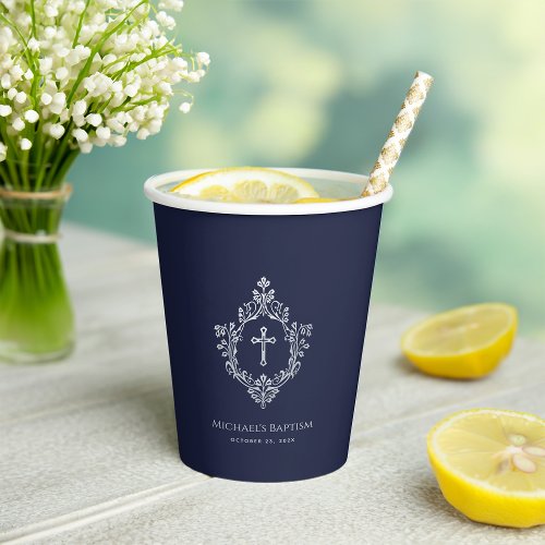 Boy Baptism Navy Blue Cross in Crest Vintage Paper Cups