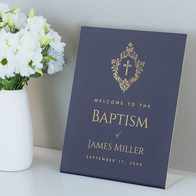 Boy Baptism Navy Blue Elegant Gold Crest Welcome  Pedestal Sign (Creator Uploaded)