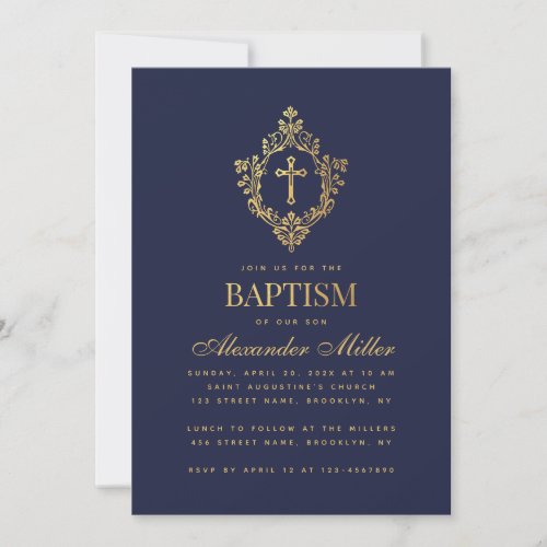 Boy Baptism Navy Blue Faux Gold Crest Cross Script Invitation