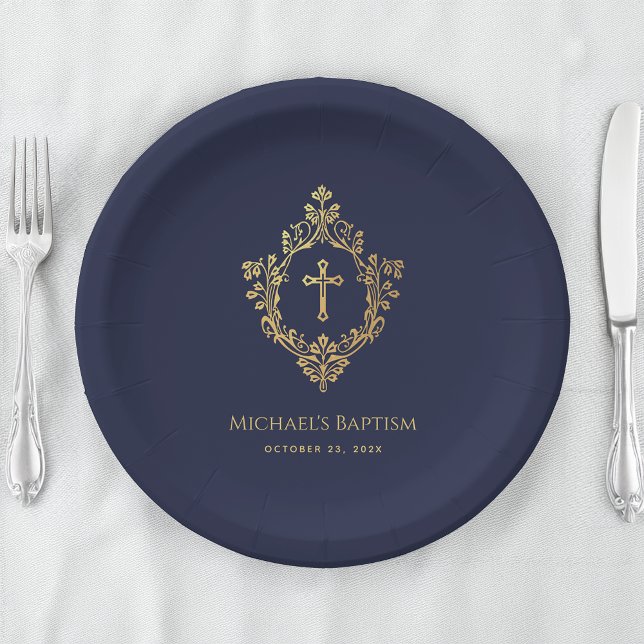 Boy Baptism Navy Blue Faux Gold Crest Religious Paper Plates (Creator Uploaded)