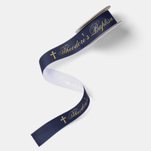 Boy Baptism Navy Blue Faux Gold Cross Calligraphy Satin Ribbon
