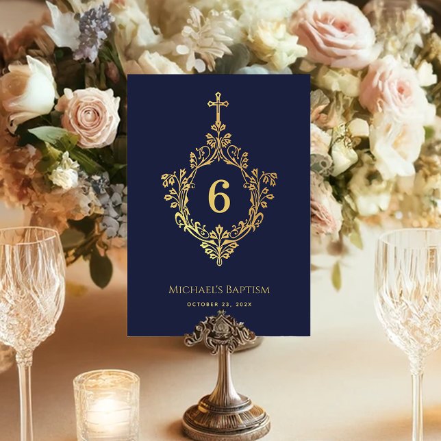Boy Baptism Navy Blue Faux Gold Cross on Crest Table Number (Creator Uploaded)