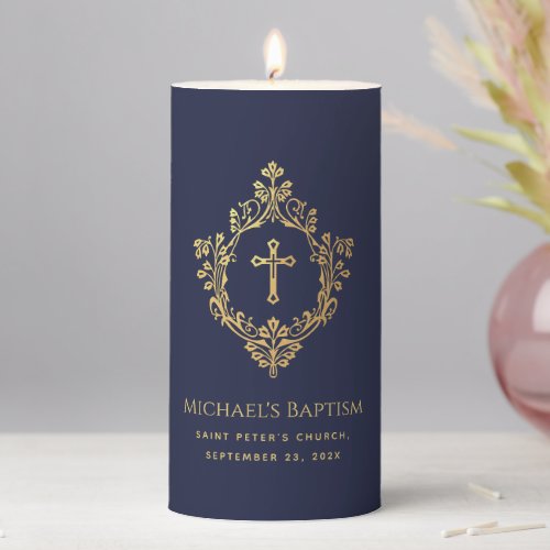 Boy Baptism Navy Blue Faux Gold Vintage Crest Pillar Candle