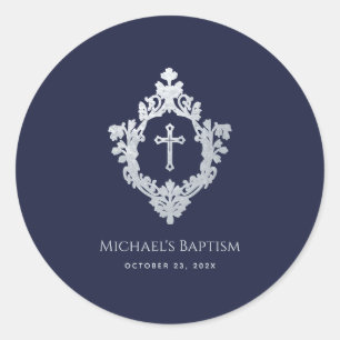 Boy Baptism Navy Blue Faux Silver Crest Vintage Classic Round Sticker