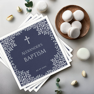 Boy Baptism Navy Blue Faux Silver Leaves and Cross Napkins