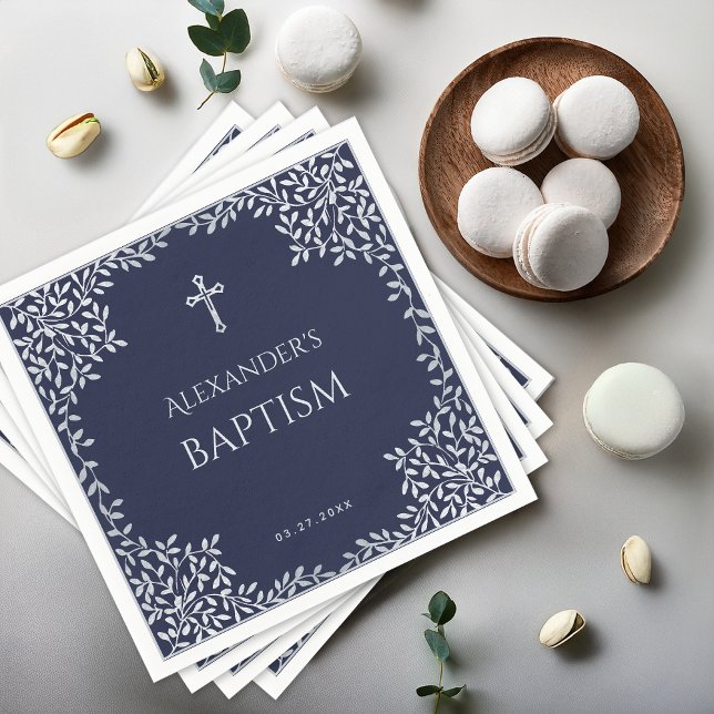 Boy Baptism Navy Blue Faux Silver Leaves and Cross Napkins (Creator Uploaded)
