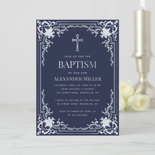 Boy Baptism Navy Blue Faux Silver Vintage Elegant Invitation