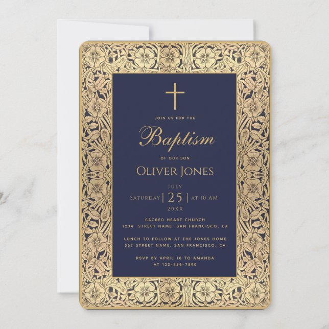 Boy Baptism Navy Blue Gold Floral Frame Elegant Invitation (Front)
