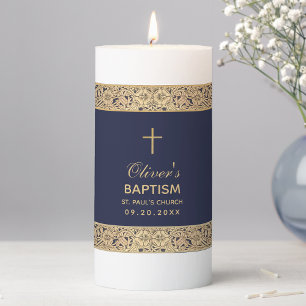 Boy Baptism Navy Blue Gold Roses Cross Vintage  Pillar Candle