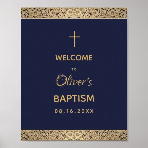 Boy Baptism Navy Blue Gold Roses Vintage Welcome Poster