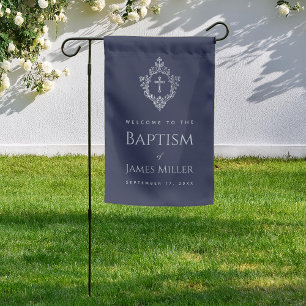 Boy Baptism Navy Blue Gray Cross in Crest Vintage  Garden Flag