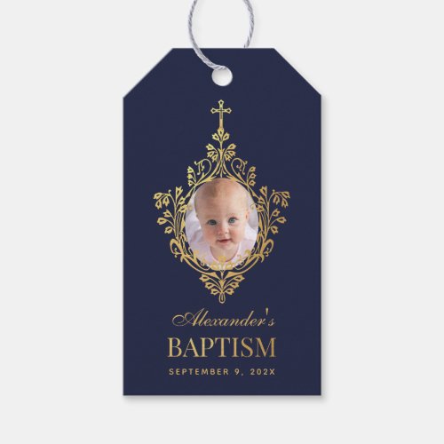   Boy Baptism Navy Blue Photo Faux Gold Elegant Gift Tags