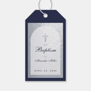 Boy Baptism Navy Blue Script Faux Silver Arch Gift Tags
