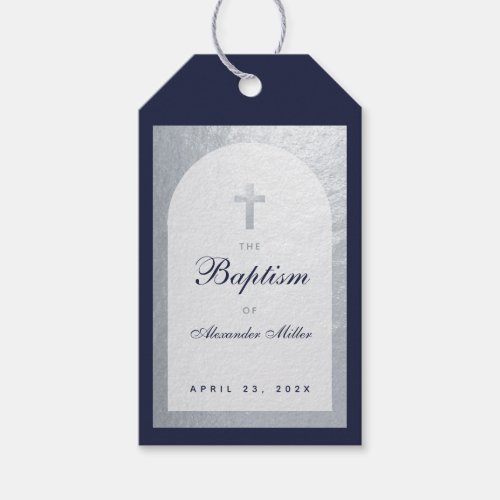 Boy Baptism Navy Blue Script Faux Silver Arch  Gift Tags