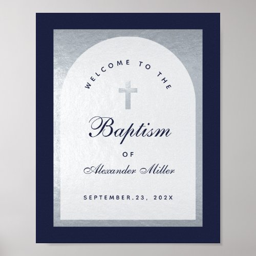 Boy Baptism Navy Blue Silver Arch  Welcome Sign
