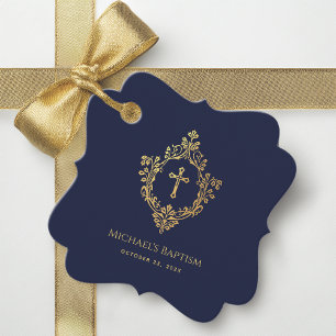 Boy Baptism Navy Blue Vintage Crest Gold Cross Favor Tags