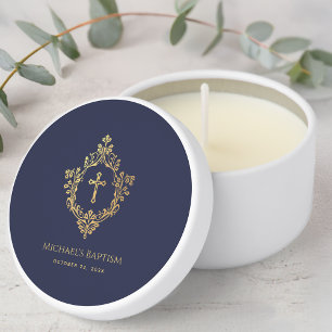 Boy Baptism Navy Blue Vintage Faux Gold Crest  Mini Candle Favors