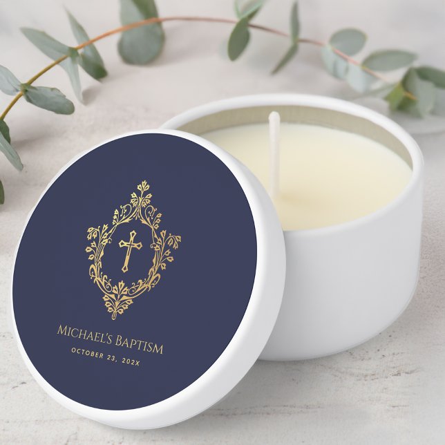 Boy Baptism Navy Blue Vintage Faux Gold Crest  Mini Candle Favors (Creator Uploaded)