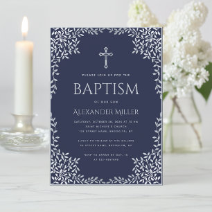 Boy Baptism Navy Blue Vintage Faux Silver Leaves Invitation
