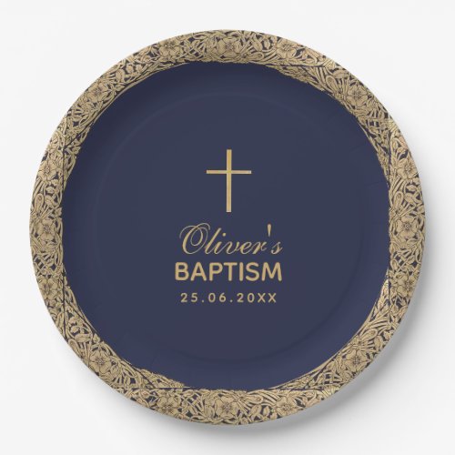 Boy Baptism Navy Blue Vintage Gold Roses Big Paper Plates