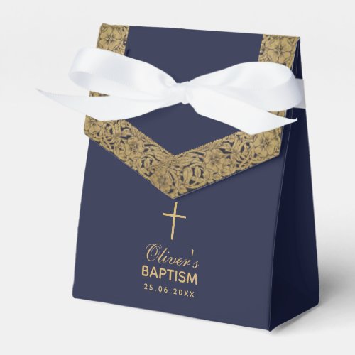 Boy Baptism Navy Blue Vintage Gold Roses Elegant Favor Boxes