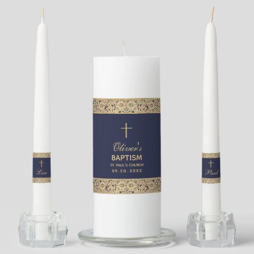 Boy Baptism Navy Blue Vintage Gold Roses Elegant Unity Candle Set