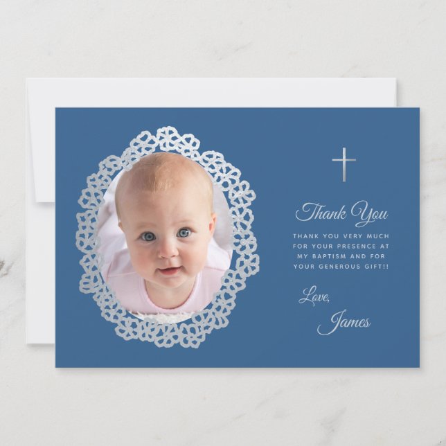 Boy Baptism Photo Classic Blue Gray Floral Wreath  Thank You Card (Front)
