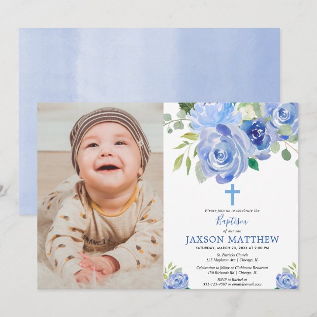 Boy baptism photo invitation, navy blue flowers invitation (Front/Back)