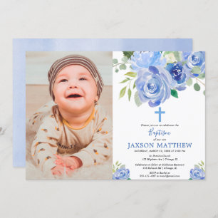 Boy baptism photo invitation, navy blue flowers invitation