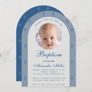 Boy Baptism Photo Modern Dusty Blue Arch Script Invitation