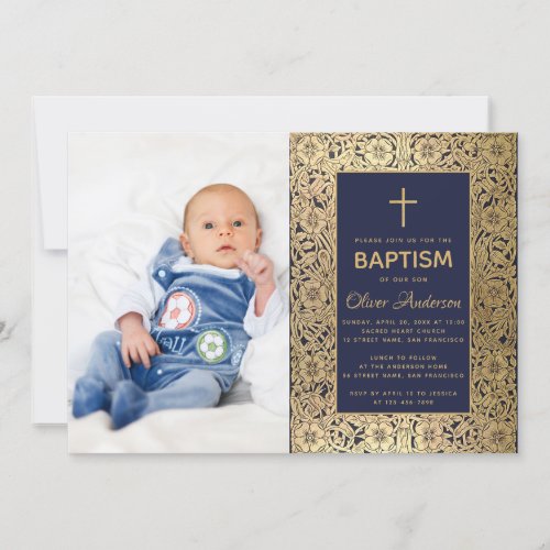 Boy Baptism Photo Navy Blue Vintage Gold Roses Invitation