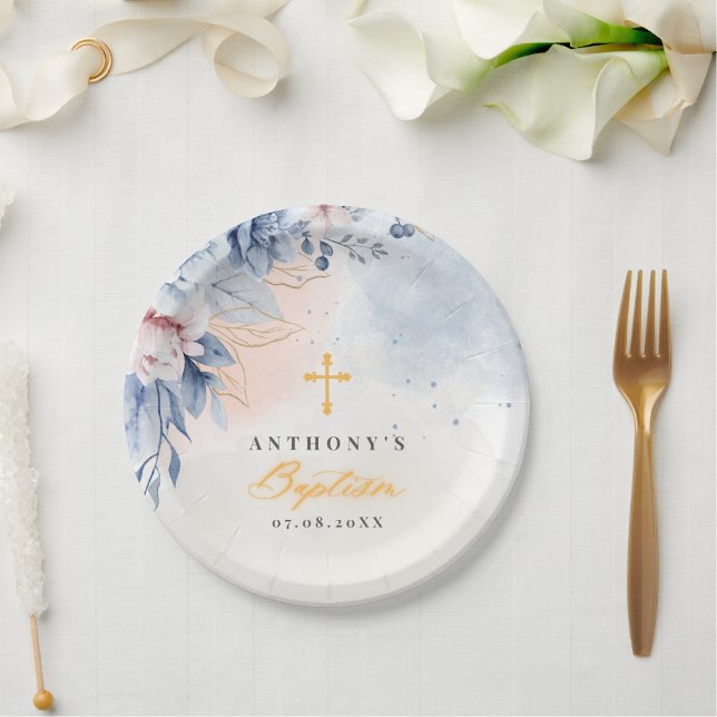 Boy baptism religious modern blue floral watercolr paper plates (Creator Uploaded)