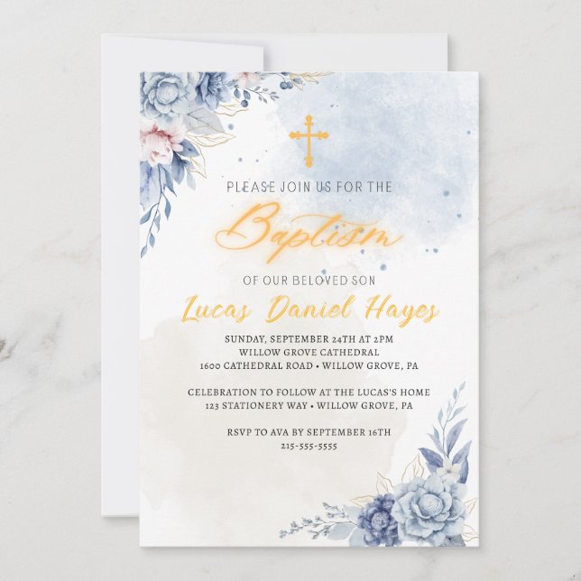 Boy baptism religious modern blue watercolor  invitation (Front)