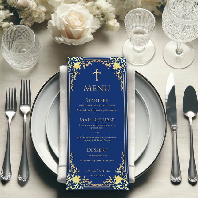 Boy Baptism Royal Blue Faux Gold Religious Cross Menu (Creator Uploaded)