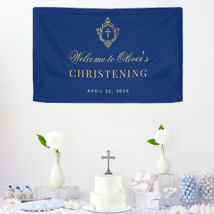 Boy Baptism Royal Blue Faux Gold Vintage Crest Banner