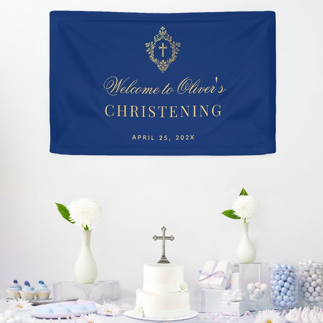 Boy Baptism Royal Blue Faux Gold Vintage Crest Banner (Creator Uploaded)