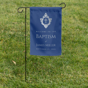 Boy Baptism Royal Blue Gray Cross in Crest Elegant Garden Flag