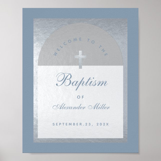 Boy Baptism Silver Arch Dusty Blue Welcome Sign (Front)