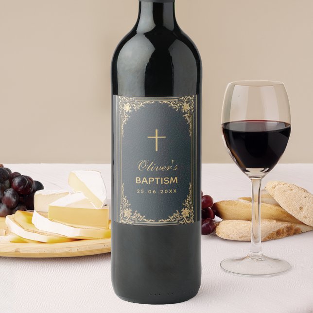 Boy Baptism Vintage Gold Blue Elegant Wine Label (Creator Uploaded)