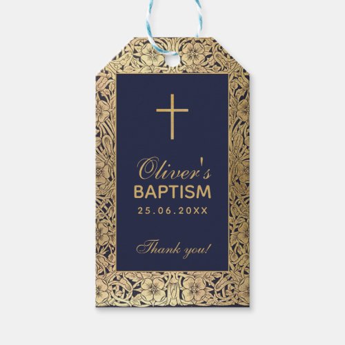 Boy Baptism Vintage Gold Roses Navy Blue Elegant Gift Tags