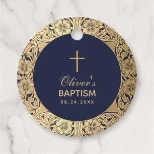 Boy Baptism Vintage Navy Blue Gold Roses Elegant Favor Tags