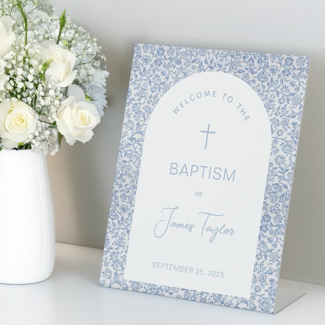 Boy Baptism Welcome Blue White Arch Floral Pattern Pedestal Sign (Creator Uploaded)