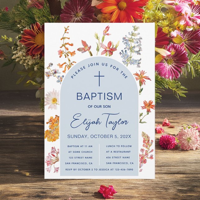 Boy Baptism Wildflowers Blue Arch Floral Religious Invitation (Creator Uploaded)