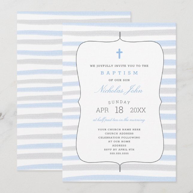 Boy Baptism with blue gray watercolor stripes Invitation (Front/Back)