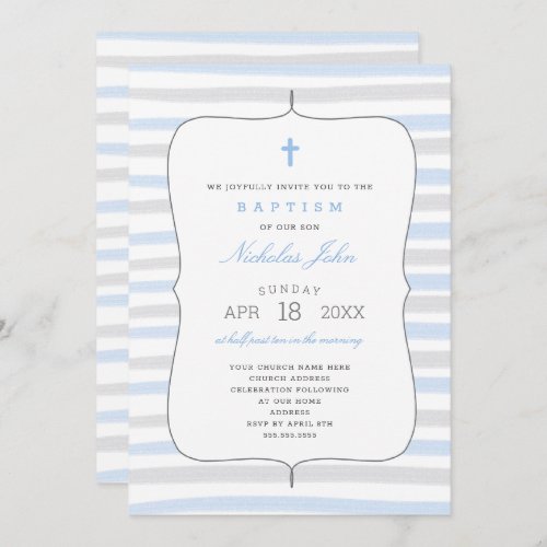 Boy Baptism with blue gray watercolor stripes Invitation