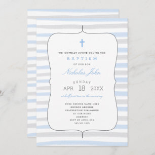 Boy Baptism with blue gray watercolor stripes Invitation